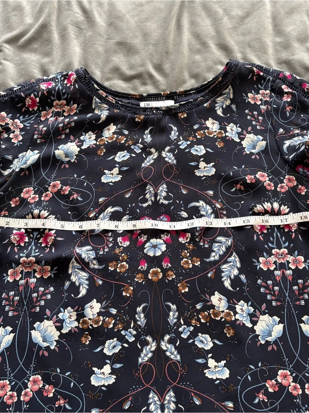 DR2 Black Floral Crewneck Top with Blue and Cream Accents - Picture 5 of 5